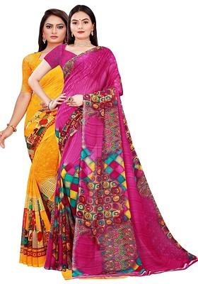 Magenta Printed Georgette Saree Set (Set Of 2)