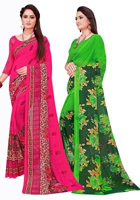 Magenta Floral Georgette Saree Set (Set Of 2)