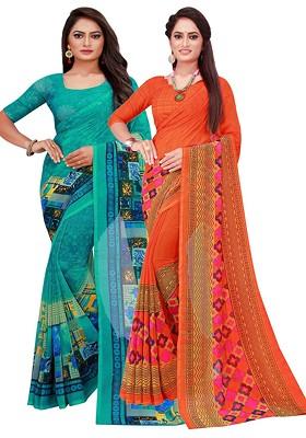 Turquoise Blue Floral Georgette Saree Set (Set Of 2)