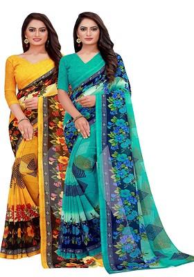 Yellow Floral Georgette Saree Set (Set Of 2)