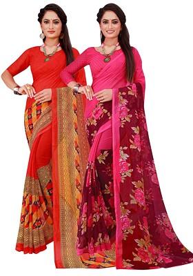 Red Embroidered Georgette Saree Set (Set Of 2)
