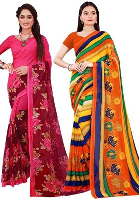 Pink Floral Georgette Saree Set (Set Of 2)