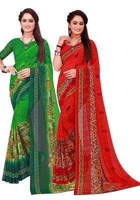 Green Floral Georgette Saree Set (Set Of 2)
