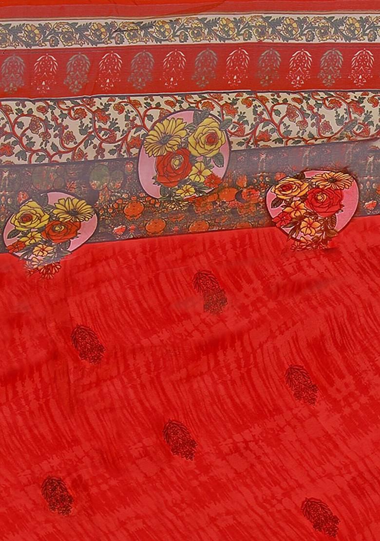 Green Floral Georgette Saree Set (Set Of 2)