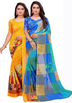 Blue Printed Georgette Saree Set