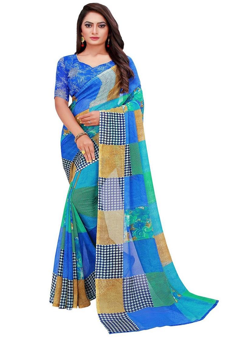 Blue Printed Georgette Saree Set