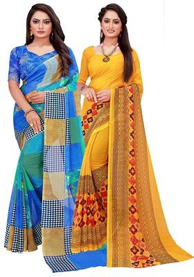 Blue Geometric Print Georgette Saree Set (Set Of 2)