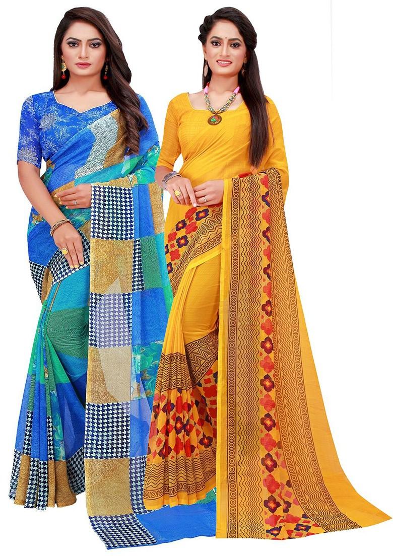 Blue Geometric Print Georgette Saree Set (Set Of 2)