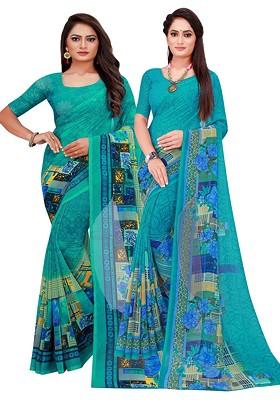 Turquoise Blue Printed Georgette Saree Set (Set Of 2)