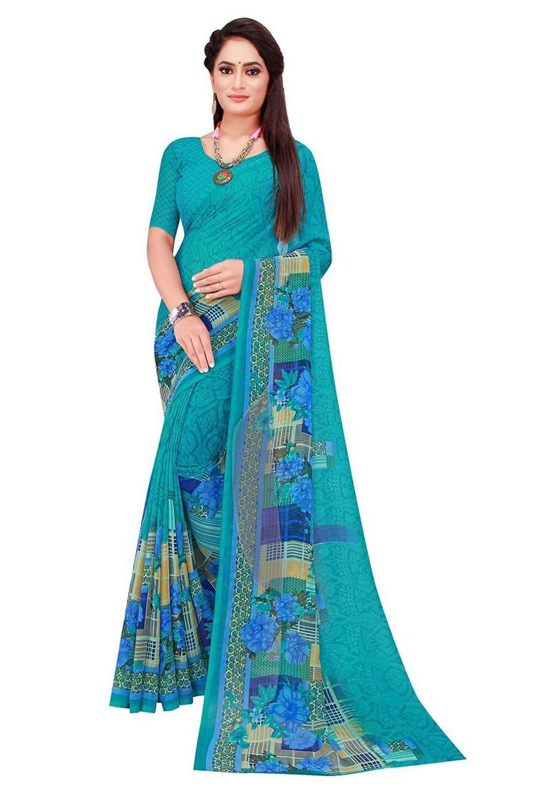 Turquoise Blue Printed Georgette Saree Set (Set Of 2)