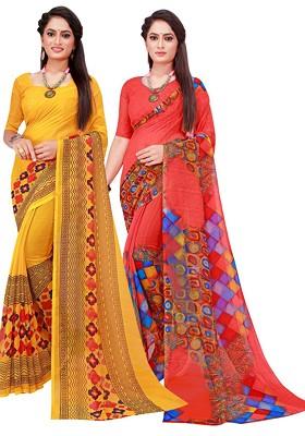 Red Floral Georgette Saree Set (Set Of 2)