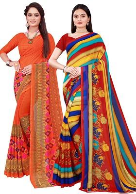 Orange Printed Georgette Saree Set (Set Of 2)