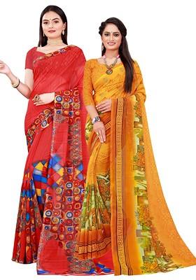 Yellow Floral Georgette Saree Set (Set Of 2)
