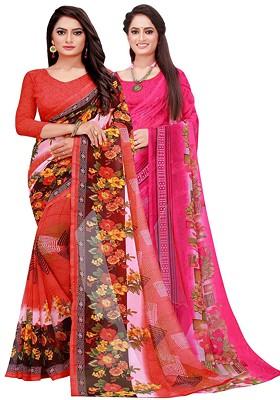 Pink Embroidered Georgette Saree Set (Set Of 2)
