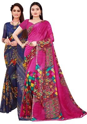 Magenta Geometric Print Georgette Saree Set (Set Of 2)
