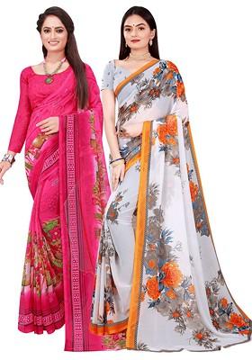 Pink Floral Georgette Saree Set (Set Of 2)
