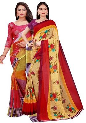Red Printed Georgette Saree Set (Set Of 2)