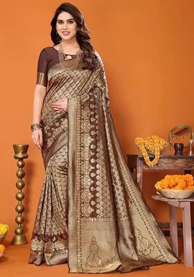 Brown woven Silk Saree Set