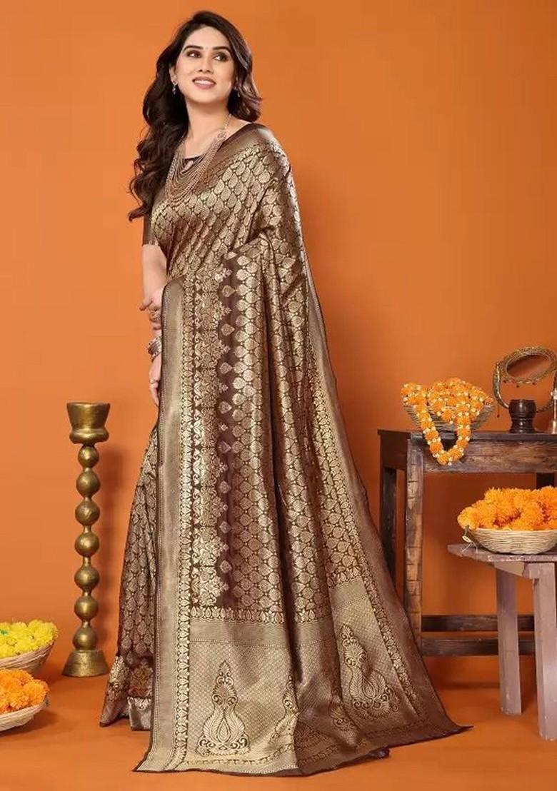 Brown woven Silk Saree Set