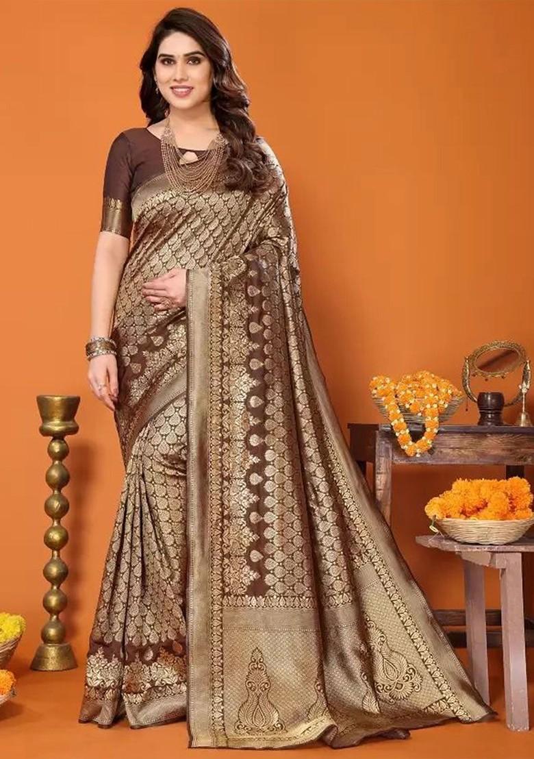 Brown woven Silk Saree Set