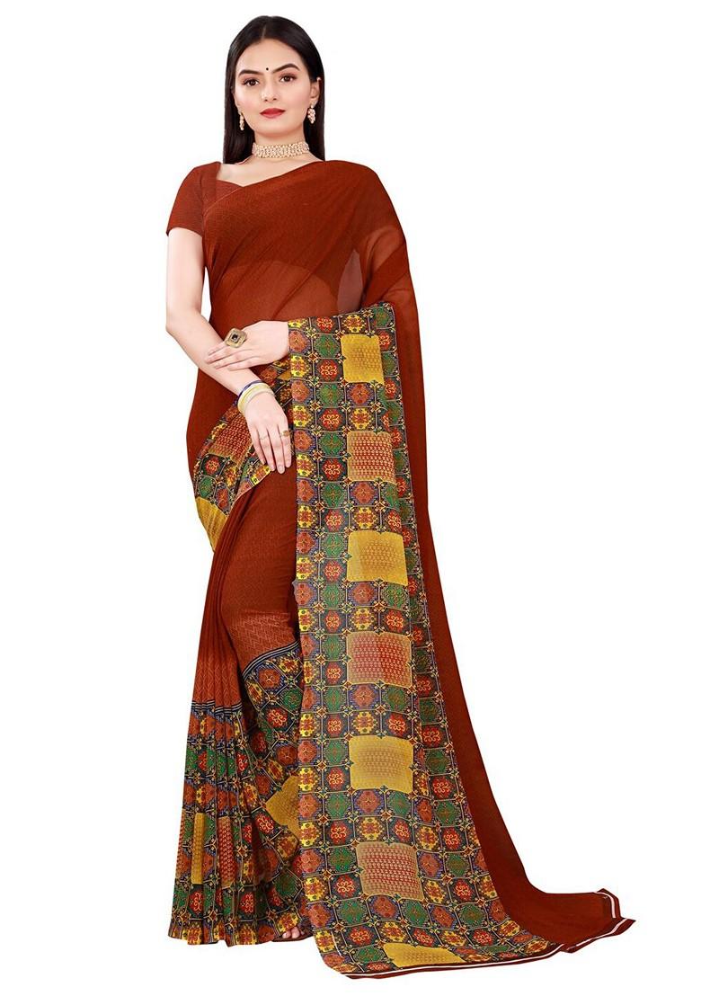 Brown Embroidered Georgette Saree Set