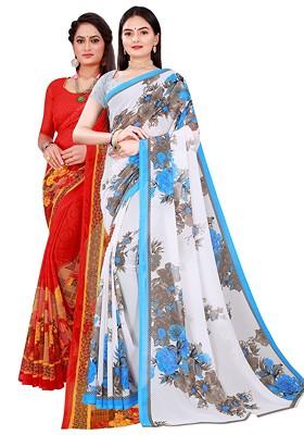 Red Printed Georgette Saree Set (Set Of 2)