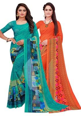 Orange Floral Georgette Saree Set (Set Of 2)