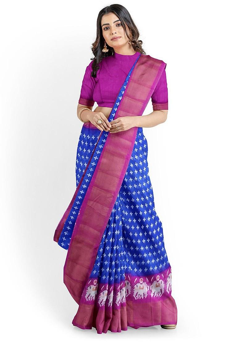 Blue Embroidered Silk Saree Set