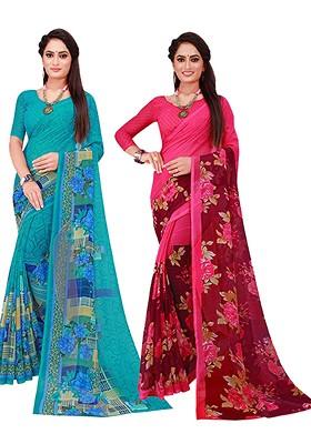 Turquoise Blue Floral Georgette Saree Set (Set Of 2)