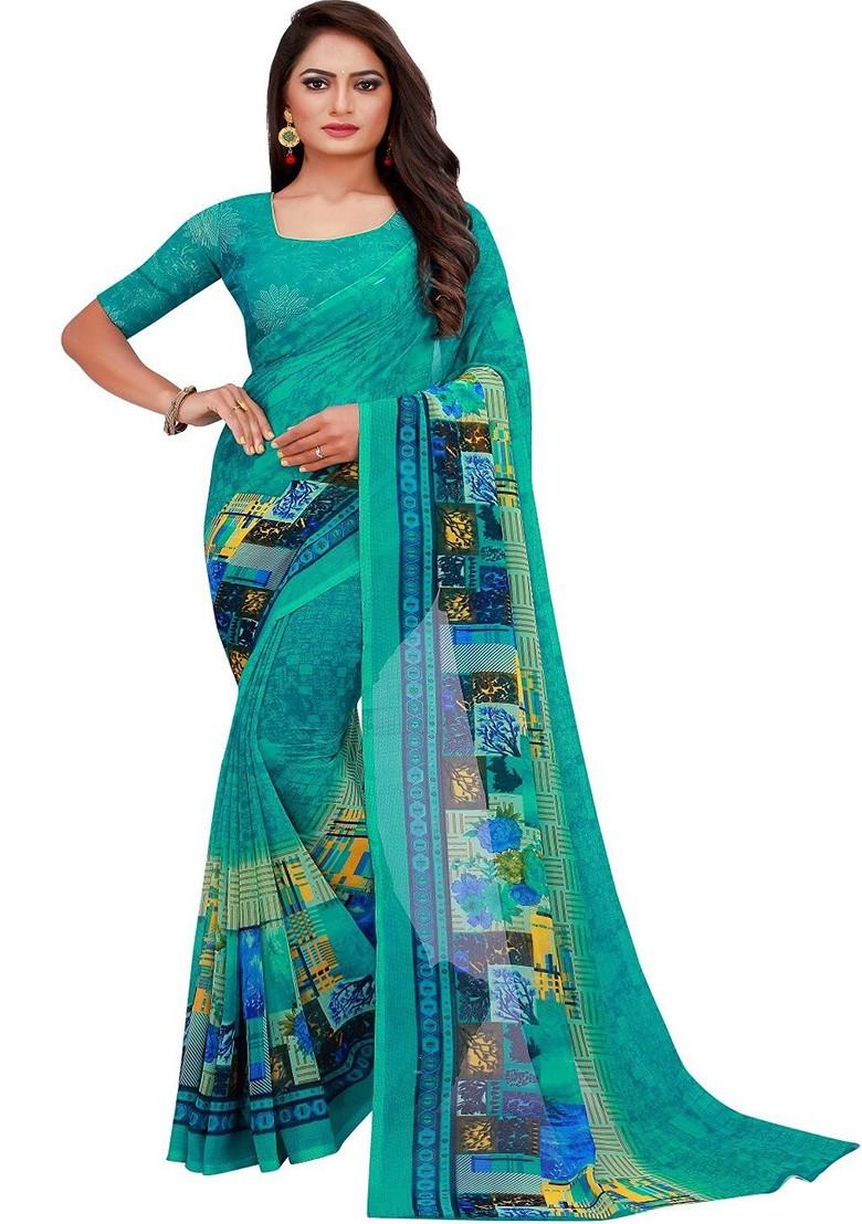 Green Embroidered Georgette Saree Set (Set Of 2)