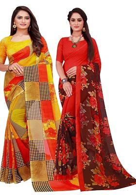 Yellow Floral Georgette Saree Set (Set Of 2)