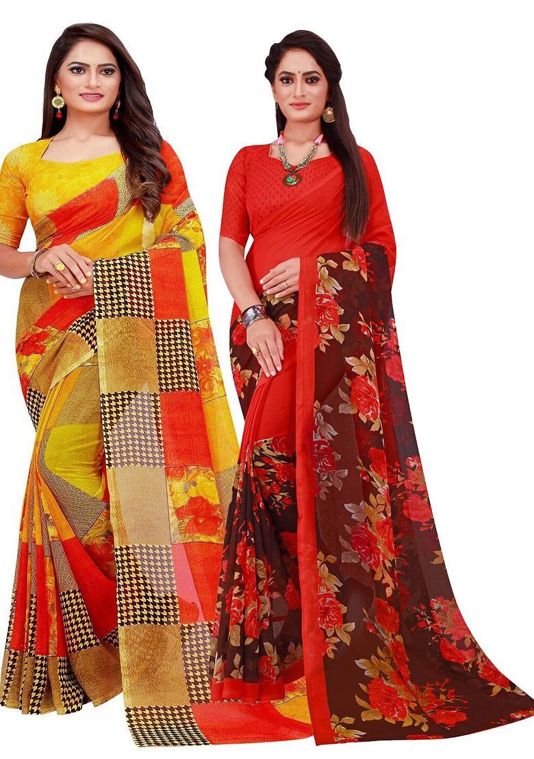 Yellow Floral Georgette Saree Set (Set Of 2)