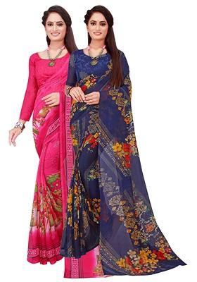 Pink Embroidered Georgette Saree Set (Set Of 2)