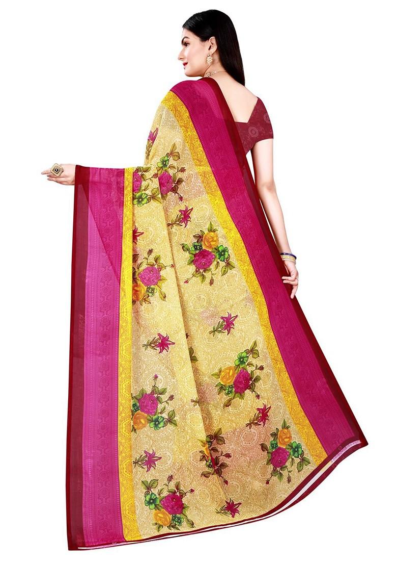 Beige Floral Georgette Saree Set