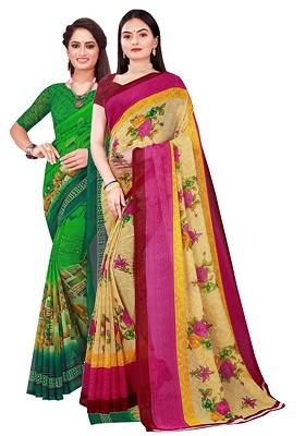 Beige Floral Georgette Saree Set (Set Of 2)
