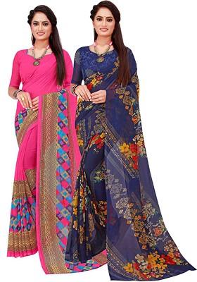 Pink Printed Georgette Saree Set (Set Of 2)