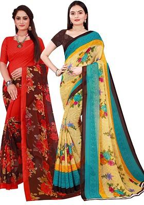 Beige Floral Georgette Saree Set