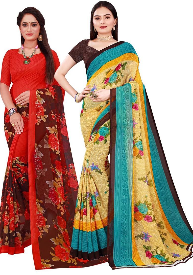 Beige Floral Georgette Saree Set