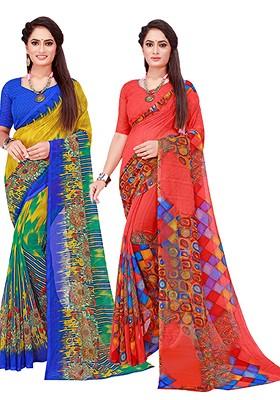 Red Floral Georgette Saree Set (Set Of 2)