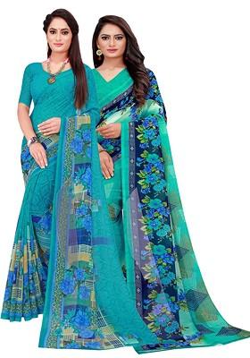 Turquoise Blue Floral Georgette Saree Set (Set Of 2)