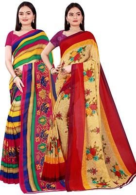 Beige Printed Georgette Saree Set (Set Of 2)