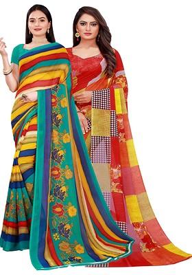 Red Floral Georgette Saree Set (Set Of 2)