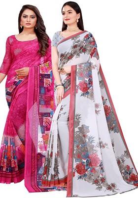 Magenta Floral Georgette Saree Set (Set Of 2)