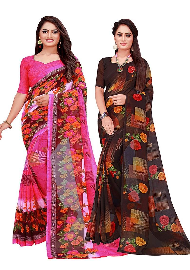 Pink Floral Georgette Saree Set (Set Of 2)
