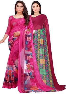 Magenta Embroidered Georgette Saree Set (Set Of 2)