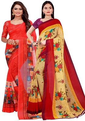 Red Floral Georgette Saree Set (Set Of 2)