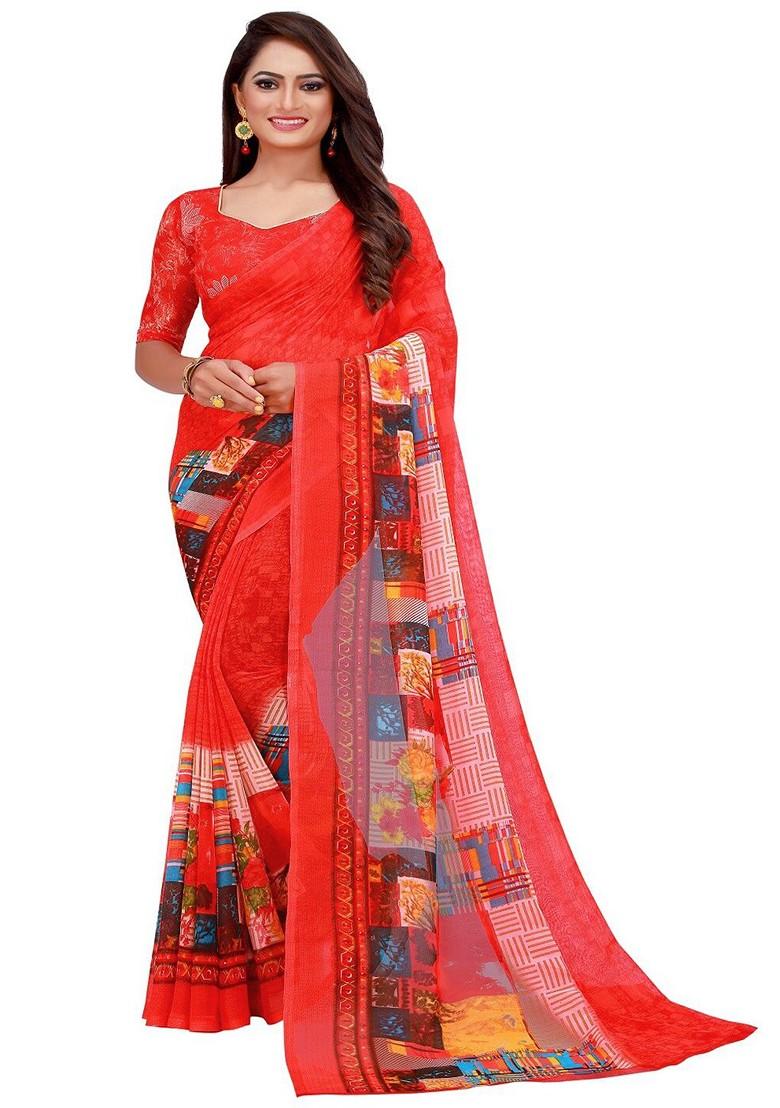 Red Floral Georgette Saree Set (Set Of 2)