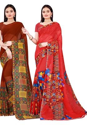 Brown Embroidered Georgette Saree Set (Set Of 2)