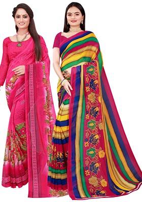 Pink Embroidered Georgette Saree Set (Set Of 2)