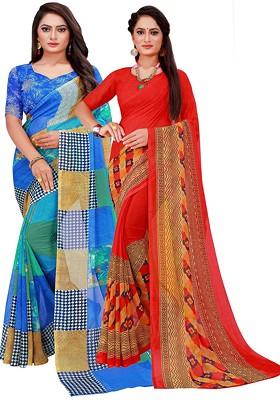Blue Floral Georgette Saree Set (Set Of 2)